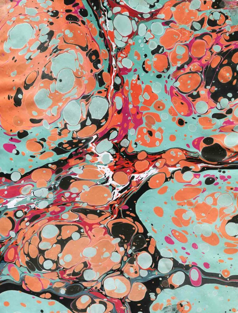 Teal, Orange and Pink Marbled Paper #10