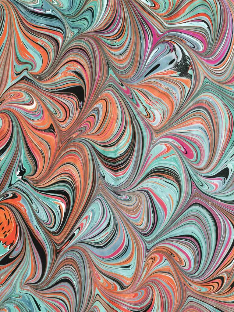 Orange, Teal and Pink Swirled Fan Pattern Marbled Paper #12