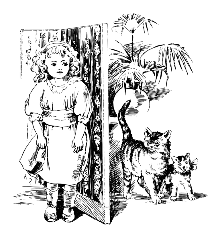 Girl With Two Cats Vintage Illustration Line Art