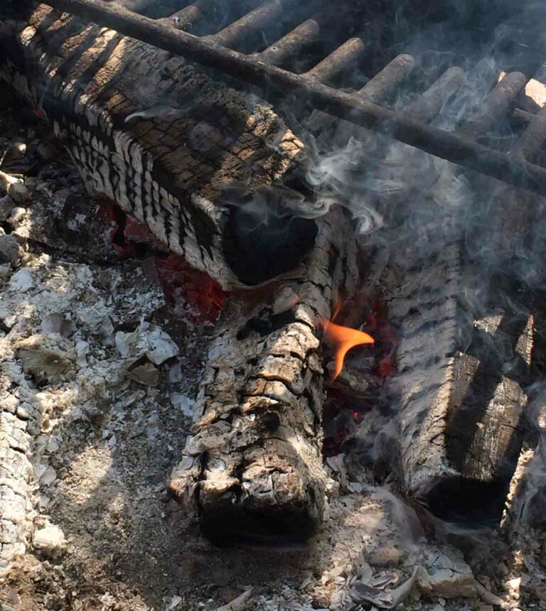 Burning Log With Smoke in Campfire Stock Photo