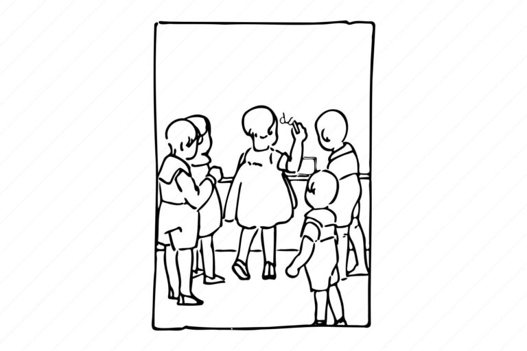 Children Writing on a Chalkboard Vintage Line Art Illustration