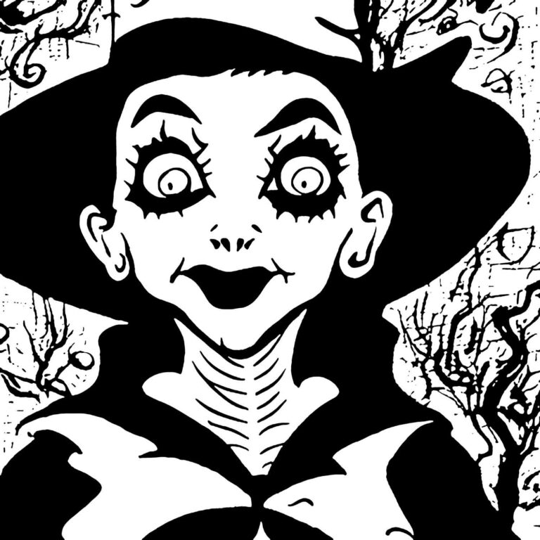 Halloween Witch With Crazy Eyes Black and White Illustration