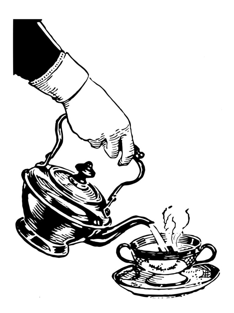 Hand Pouring Tea Vintage Line Art Illustration
