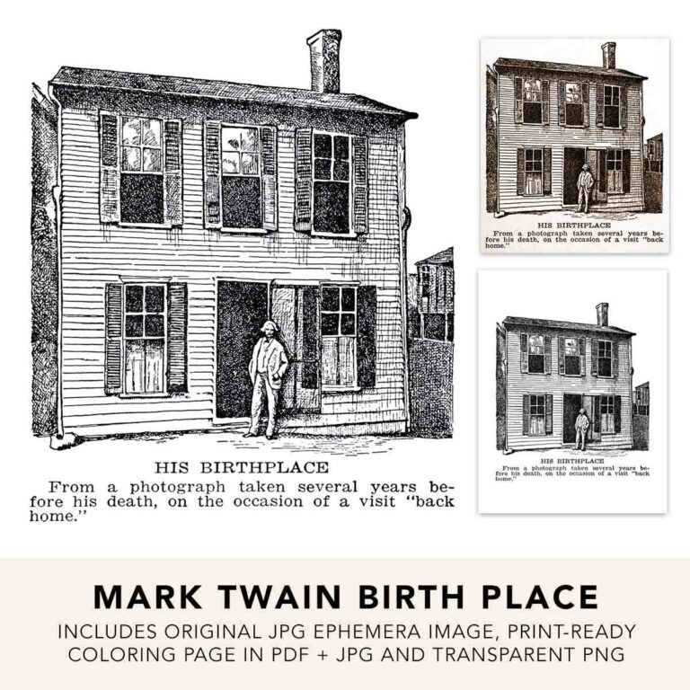 House of Mark Twain (Samuel Clemens) Birth Place Vintage Illustration Ephemera, PNG, SVG & Coloring Page