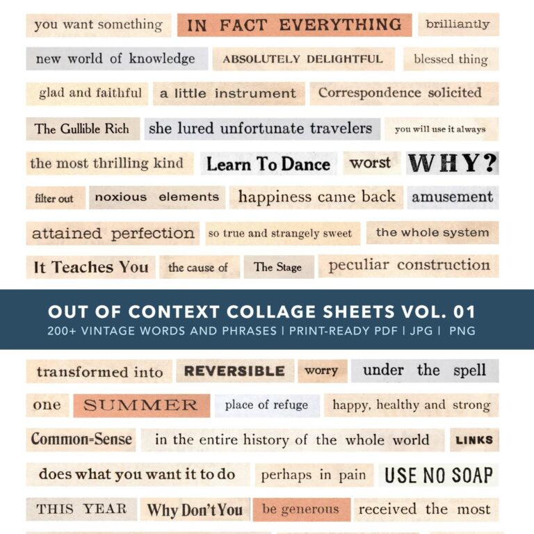 200+ Vintage Words & Phrases: Out of Context 01 Printable Collage Sheets