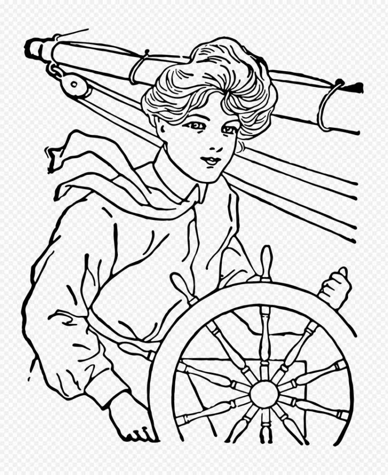 Woman Sailing Vintage Line Art Illustration