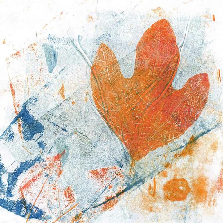 Orange and Blue Leaf Print Mixed Media Art Background