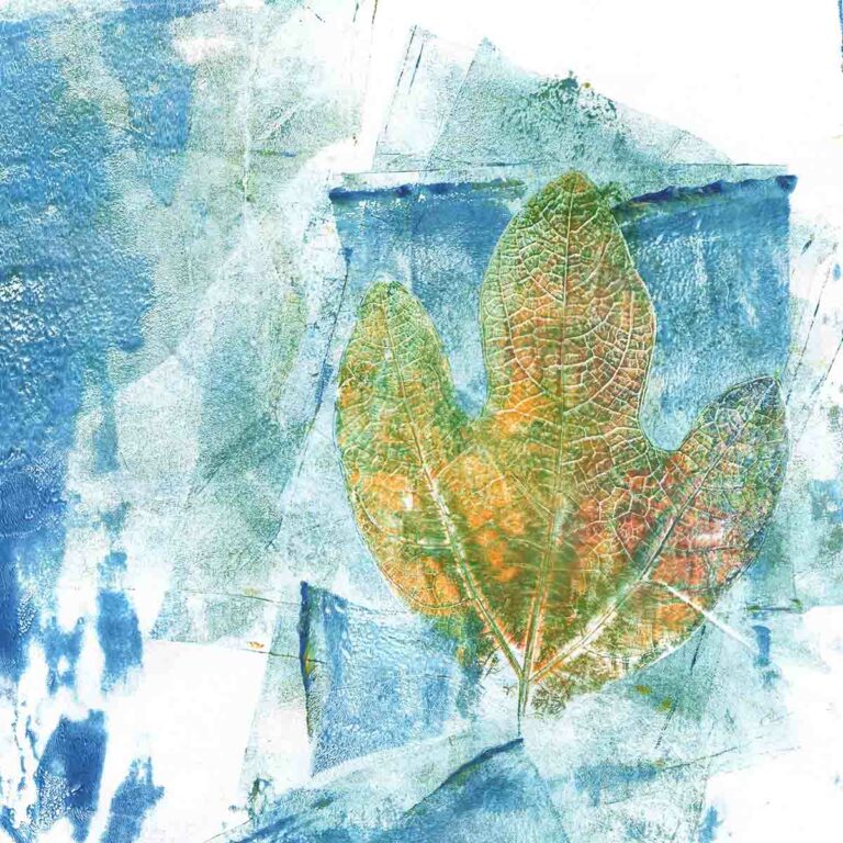 Yellow Leaf Print with Blue Background Mixed Media Art Background
