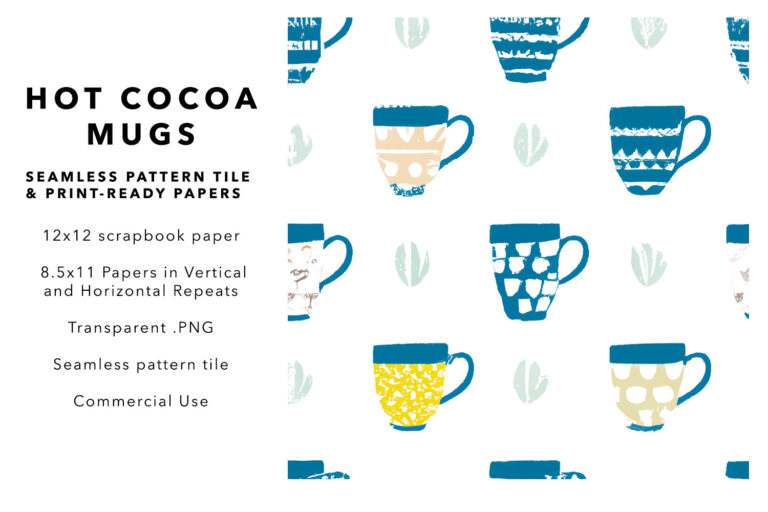 Hot Cocoa Mugs Seamless Pattern & Print-Ready Papers