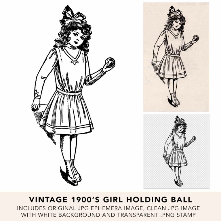 Vintage 1900’s Girl Wearing a Hat and Holding Doll Line Art Illustration and Ephemera