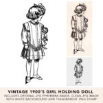 Vintage Girl Holding Doll Illustration