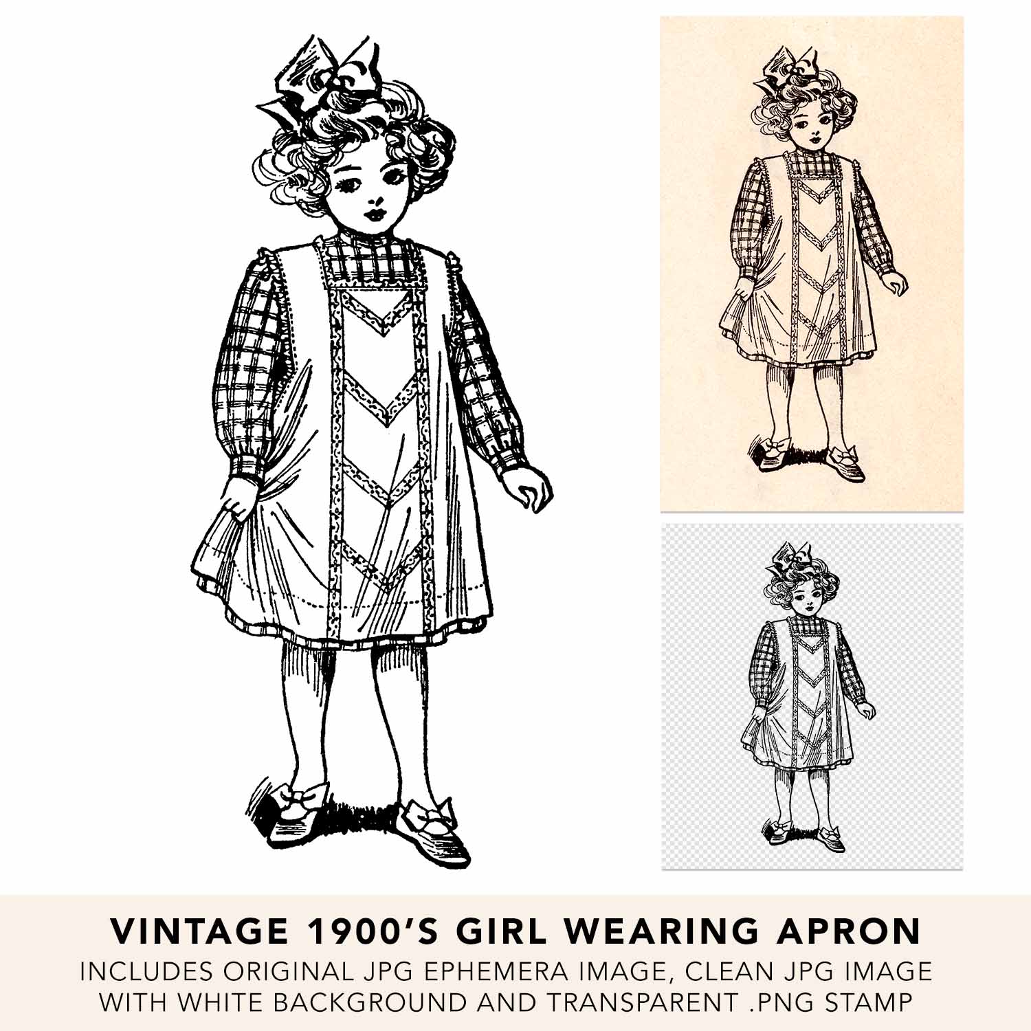 Vintage Girl Wearing Apron Line Art Ephemera