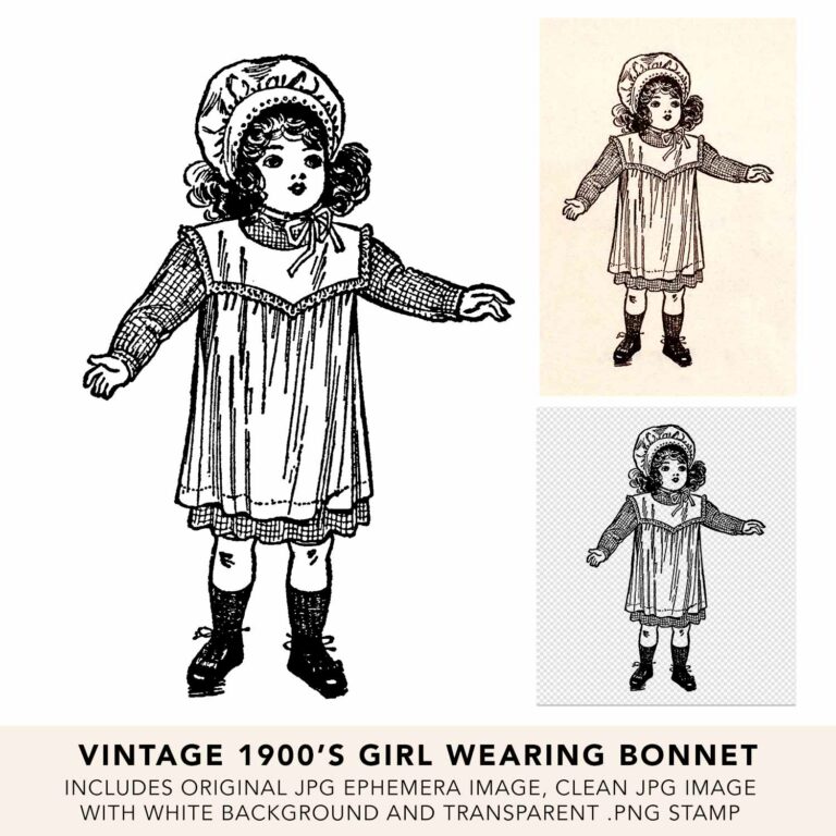 Vintage 1900’s Girl Wearing Bonnet Line Art Illustration and Ephemera