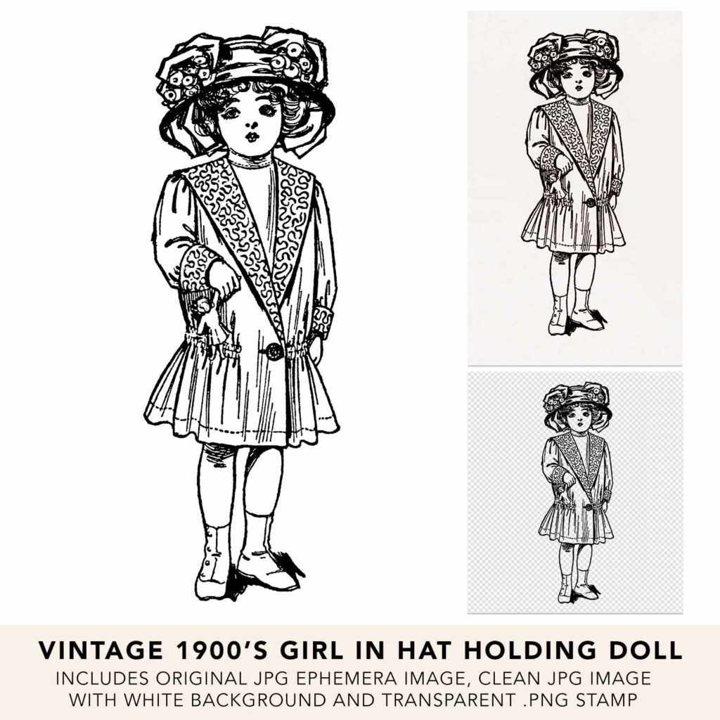Vintage Girl Wearing Hat Holding Doll Lineart Illustration Ephemera