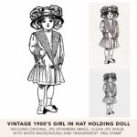 Vintage Girl Wearing Hat Holding Doll Lineart Illustration Ephemera