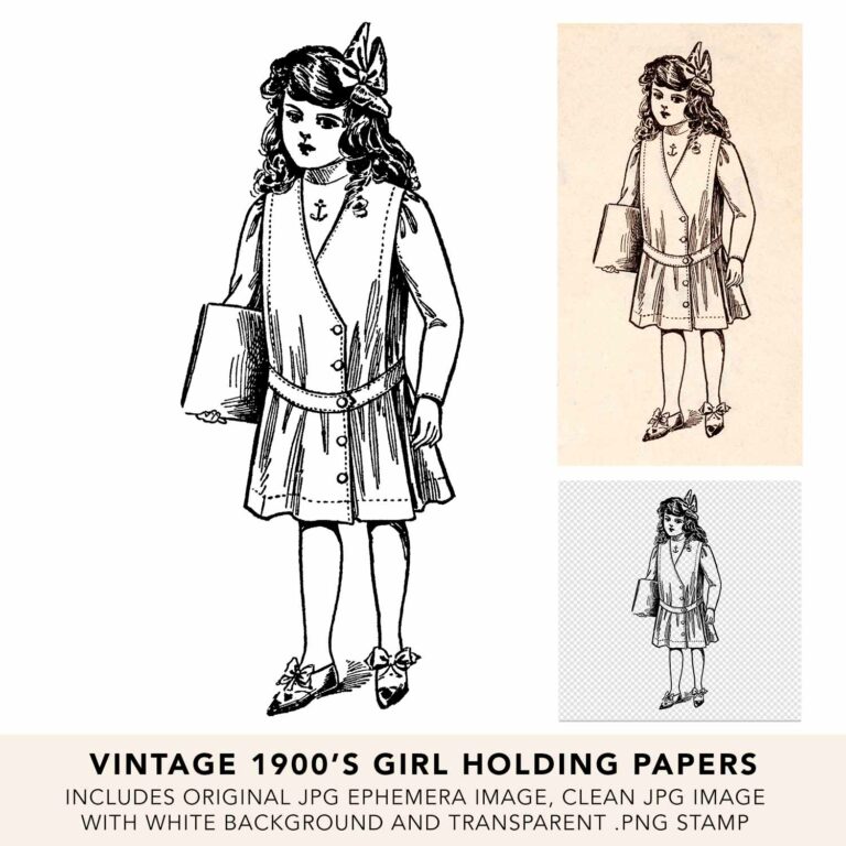 Vintage 1900’s School Girl Holding Papers Line Art Illustration & Ephemera