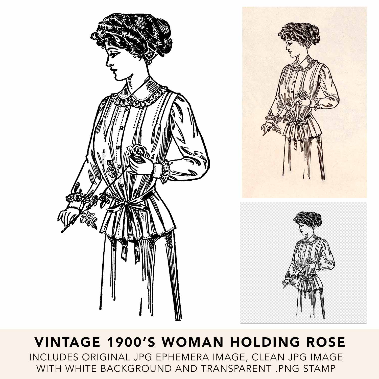 Vintage Woman Holding Rose Line Art Illustration Ephemera