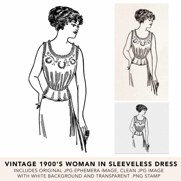 Vintage 1900’s Woman Wearing Sleeveless Dress Fashion Illustration Ephemera