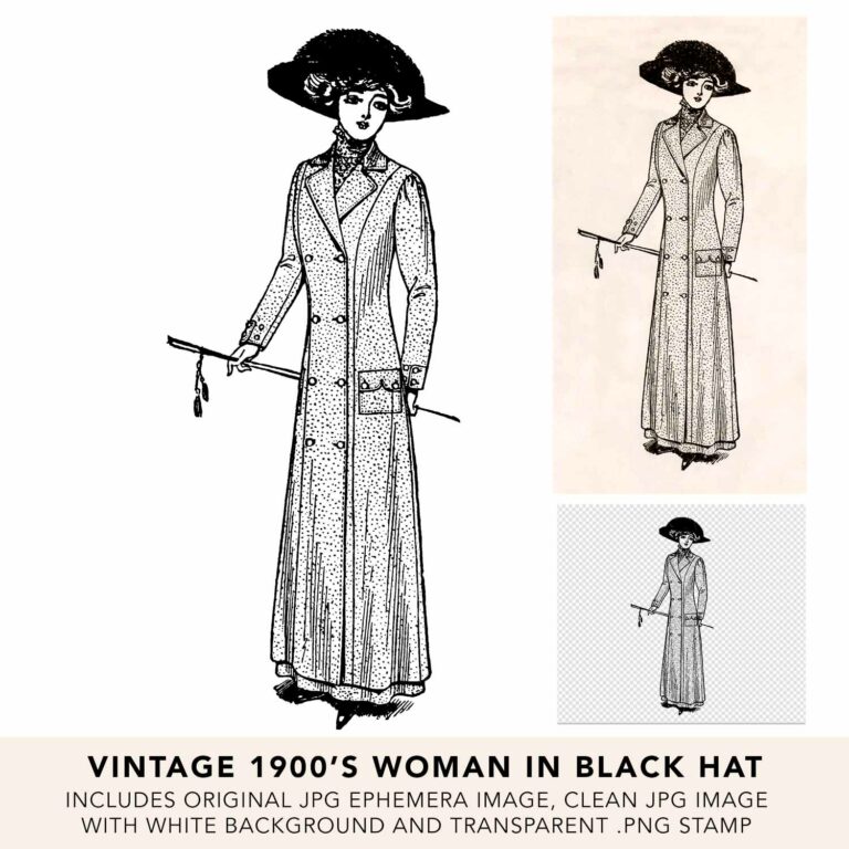 Vintage 1900’s Woman Wearing Dotted Long Jacket and Hat Illustration & Ephemera