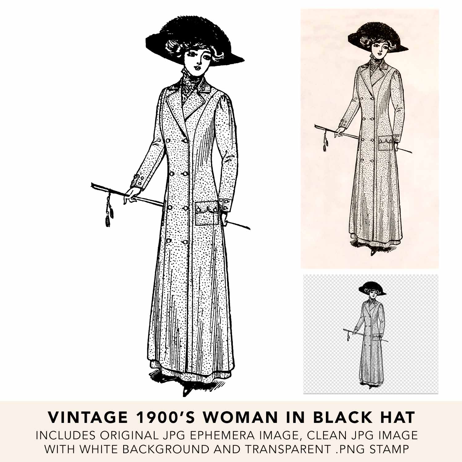 Vintage Woman Wearing Hat Line Art Illustration