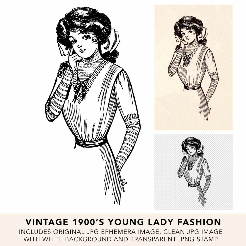 Vintage Young Woman Fashion Model Line Art Vintage Ephemera