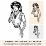 Vintage Young Woman Fashion Model Line Art Vintage Ephemera