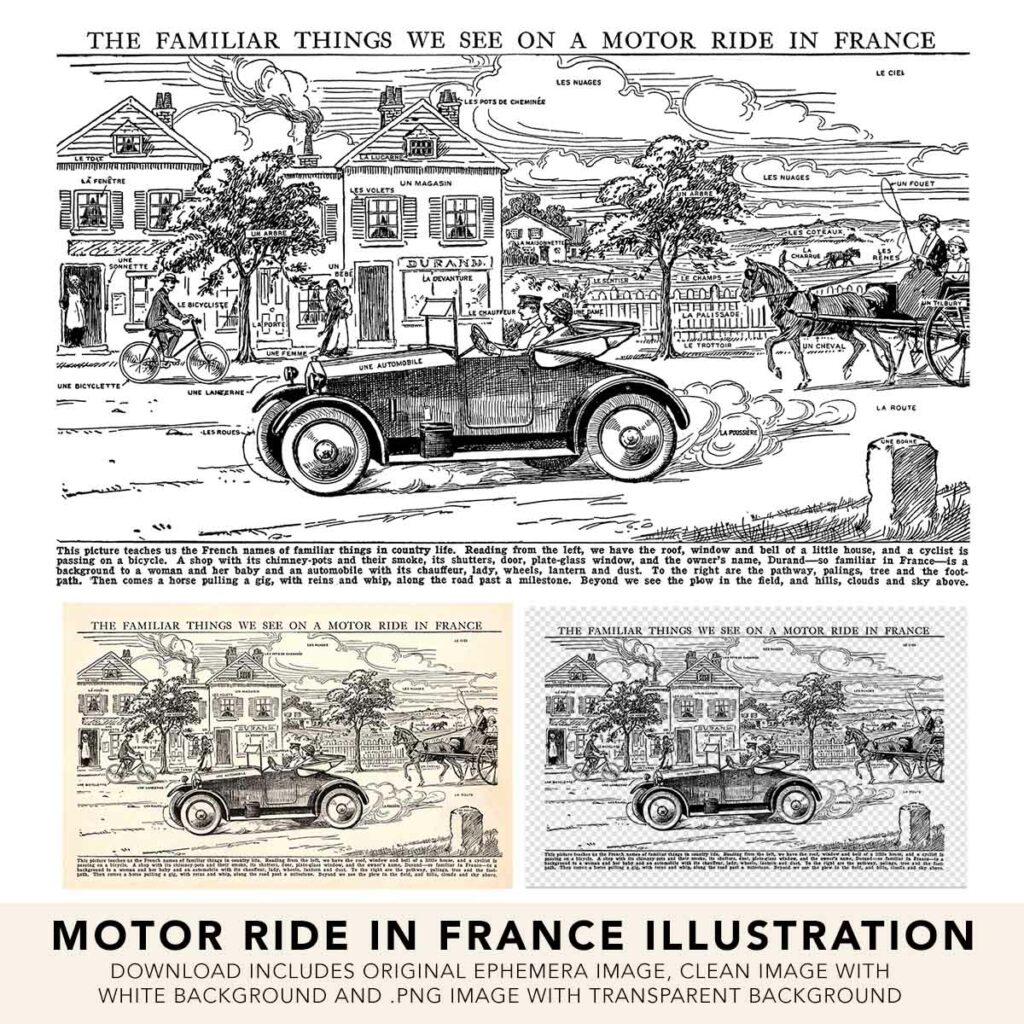 French Illustration Motor Car Ride To France