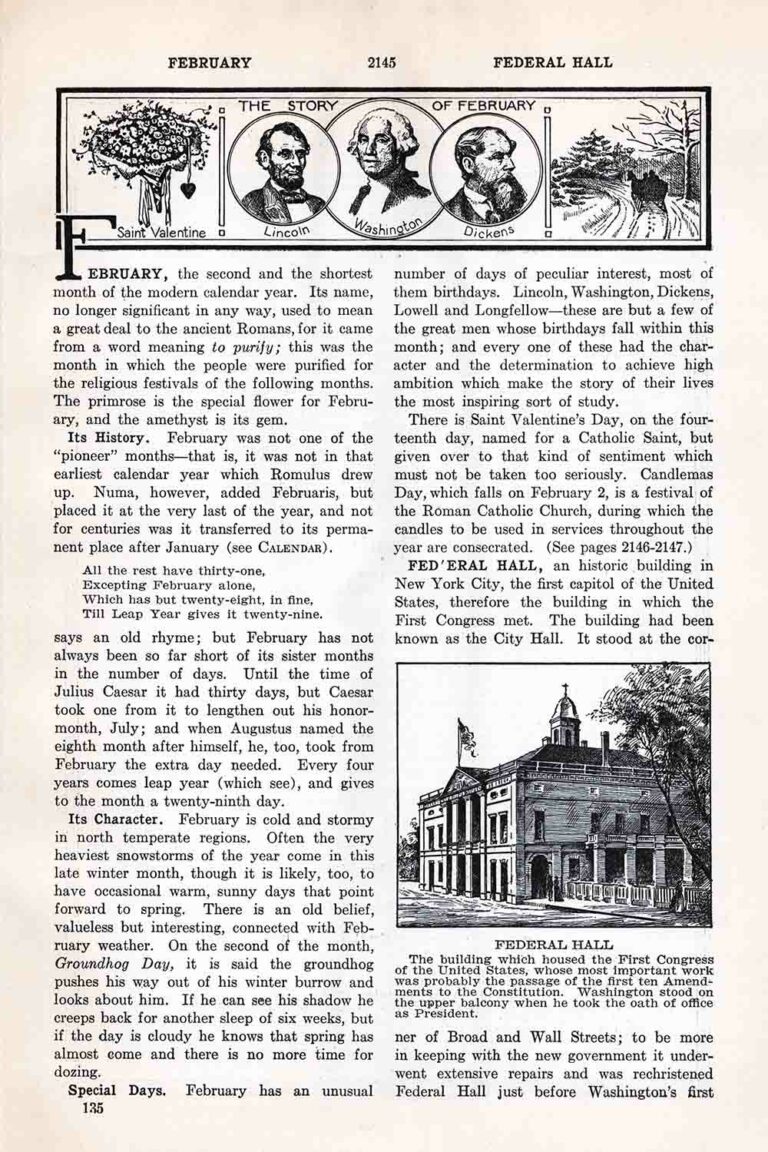 Month of February History Vintage Ephemera Encyclopedia Page