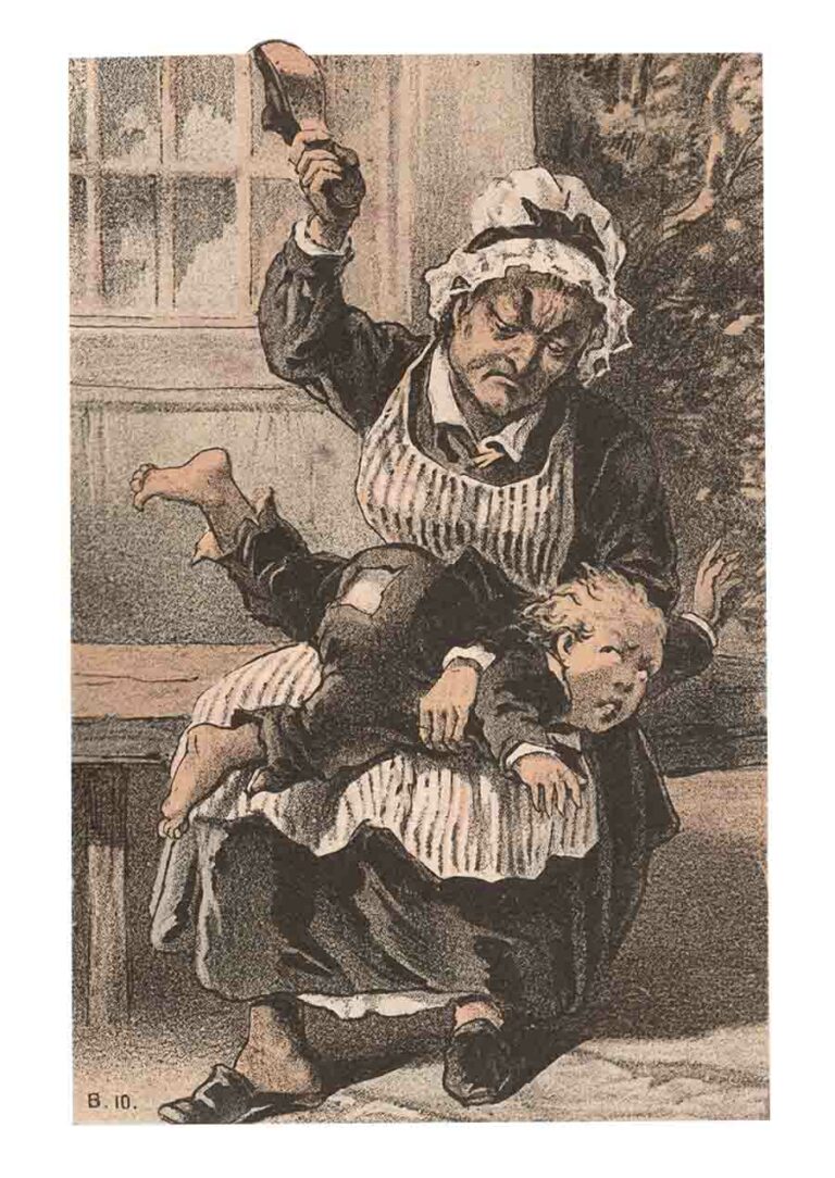 Victorian Scrapbook Angry Woman With Shoe and Child