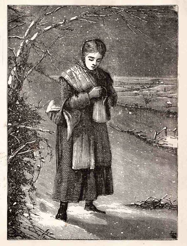 Cold Victorian Woman Holding Pitcher in Snow