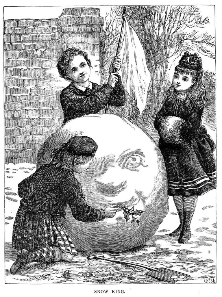 Victorian Children Playing Outside Building a Snowman in Winter