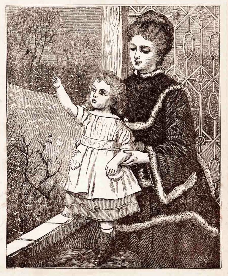 Victorian Mother and Child Looking Outside at The Snow