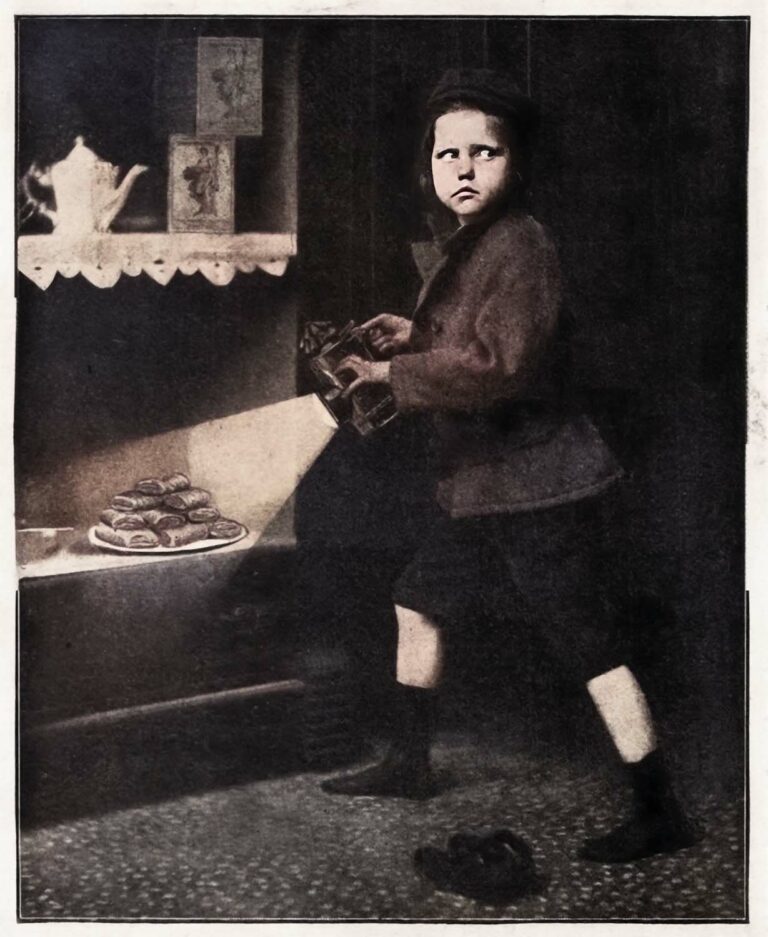Vintage Image of Child Sneaking Food Out of Pantry With Lantern Flashlight