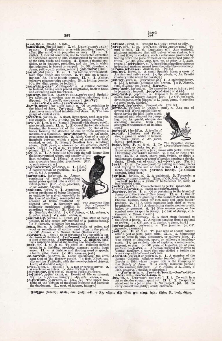Vintage Dictionary Page Letter J, Page 387