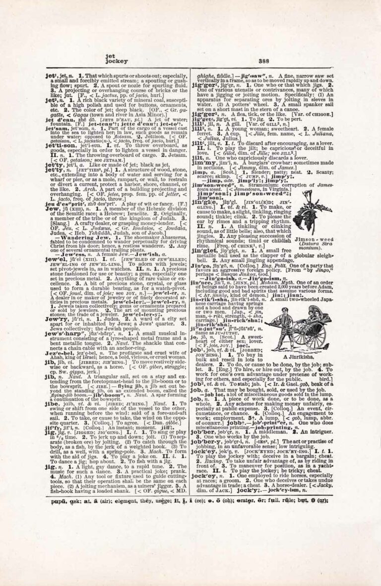 Vintage Dictionary Page Letter J, Page 388