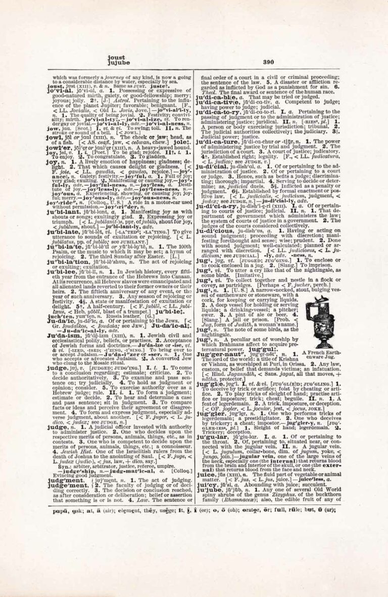 Vintage Dictionary Page Letter J, Page 390